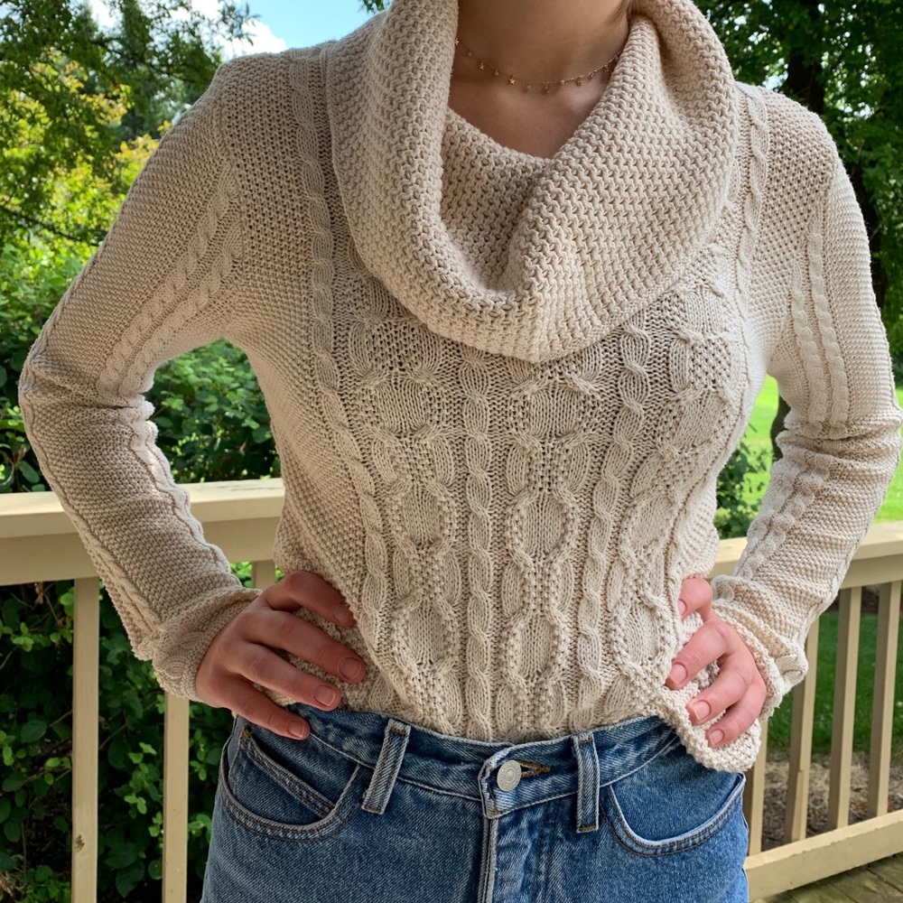 100% Cotton Cowl Neck Cable Knit Sweater